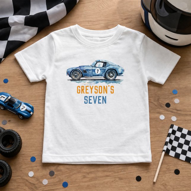 Pojkar Cool Blue Racingbil Barnkalas T Shirt (Boys Cool Blue Racing Car Kids Birthday Toddler T-shirt)