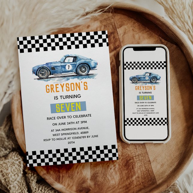 Pojkar Coola Blå Racingbil Barnkalas Inbjudningar (Skapare uppladdad)