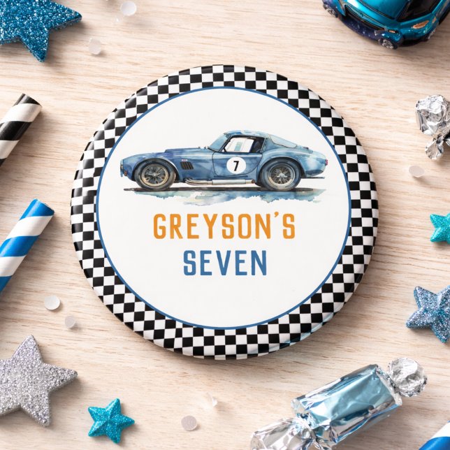 Pojkar Coolt Blått Racingbil Barnkalas Knapp (Boys Cool Blue Racing Car Kids Birthday Button)