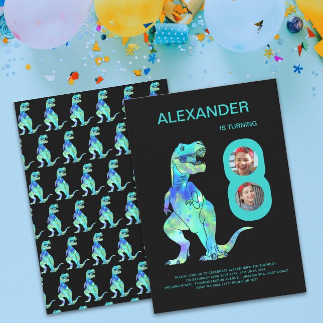Pojkar Dinosaurie T-Rex 8-års födelsedagsfest Inbjudningar (T-Rex dino boys 8th birthday party photo invitation with color dinosaur teal green typography )