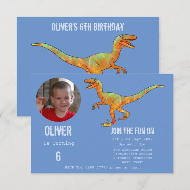 Pojkar Dinosaurie Velociraptor 6-års födelsedagsfe Inbjudningar (Fram/baksida)
