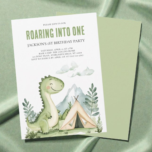 Pojkar Grön Akvarell Dinosaurie 1-års Födelsedagsf Inbjudningar (Boys Green Watercolor Dinosaur 1st Birthday Party Invitation)