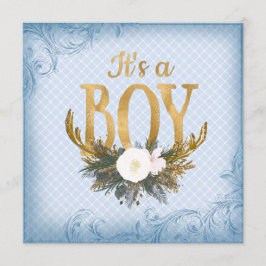 Pojkar Hjorthorn Baby Shower Blå och Guld Inbjudningar