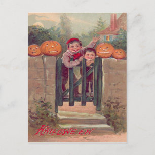 Pojkar Jack O Lantern Pumpa Staket Vykort