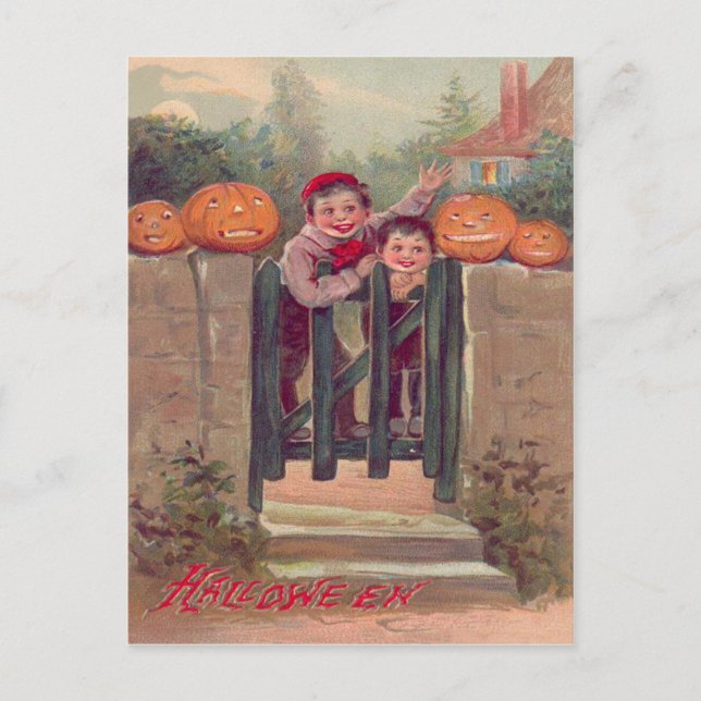 Pojkar Jack O Lantern Pumpa Staket Vykort (Framsida)