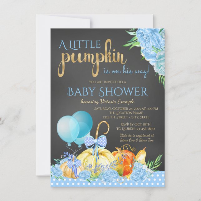 Pojkar Liten Pumpa Kritskrift Höst Bebis Shower Inbjudningar (Framsida)