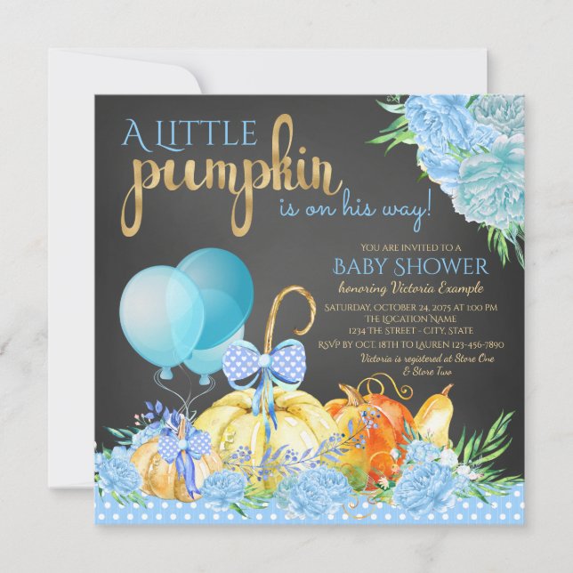 Pojkar Liten Pumpa Rustik Kritskrifts Babyshower Inbjudningar (Framsida)