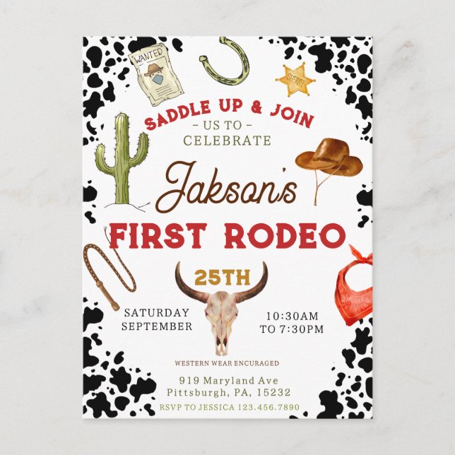 Pojkar Min Första Rodeo Cowboy 1-årsdag Vykort (Framsida)