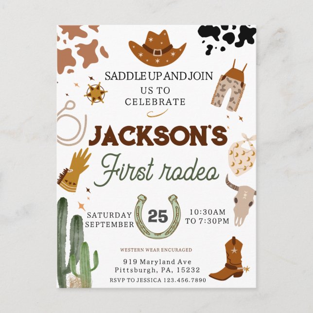 Pojkar Min Första Rodeo Cowboy 1-årsdag Vykort (Framsida)