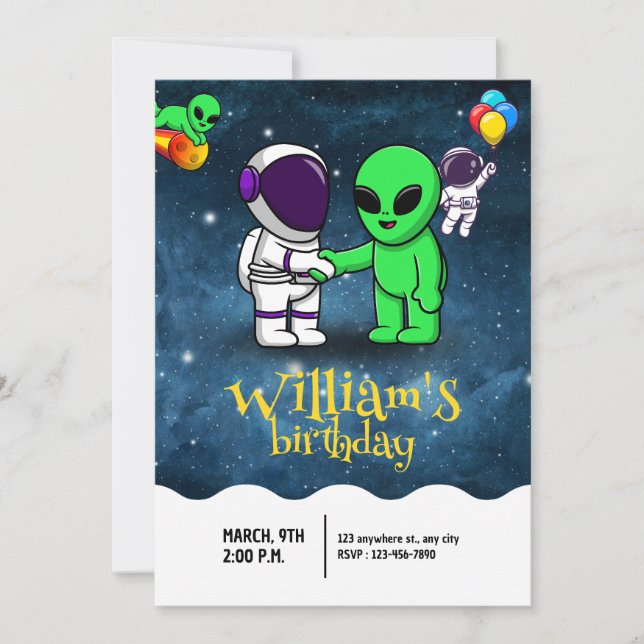 Pojkar Modern Astronaut & Alien Barnkalas Inbjudningar (Framsida)