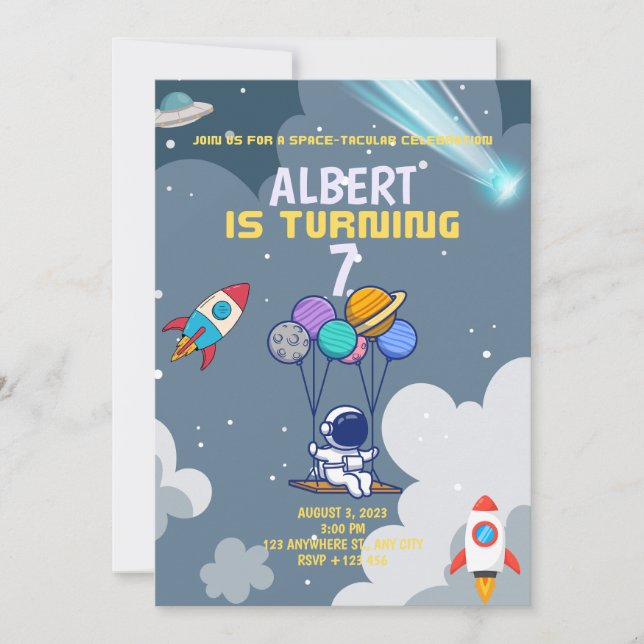 Pojkar Modern Astronaut Grå Barnkalas Inbjudningar (Framsida)
