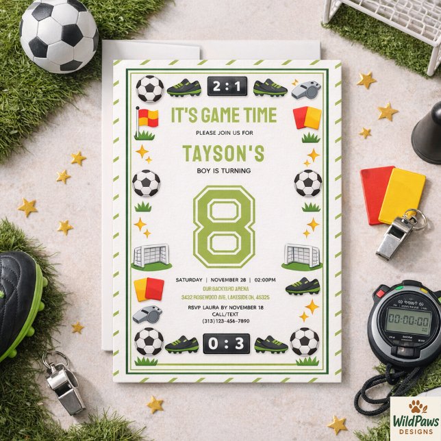 Pojkar Modern Idrott Fotboll Barn 8-års Födelsedag Inbjudningar (Boys Modern Sports Soccer Kids 8th Birthday Party Invitation
)