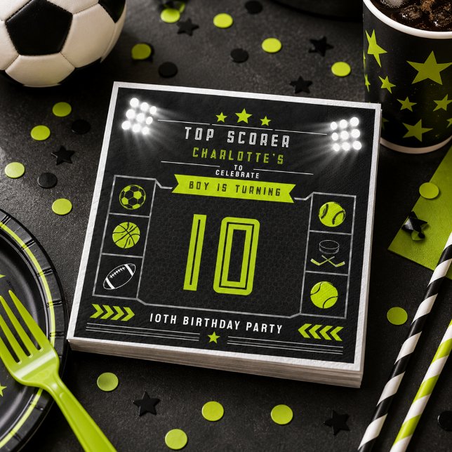 Pojkar Modern Svart Sport Barn 10-årsdag Pappersservett (Boys Modern Black Sports Kids 10th Birthday Napkins
)