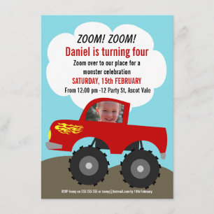 Pojkar Monster Truck Foto Födelsedagsinbjudan Inbjudningar