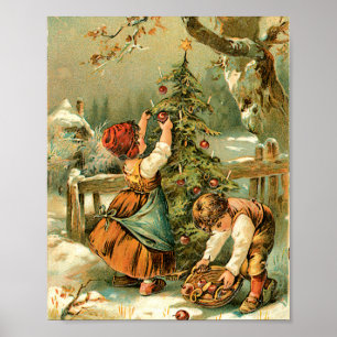 Pojkar och flickor som dekorerar Julgran, vintage Poster