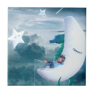 Pojkar och sjöhäsfiske i Måne Kakelplatta