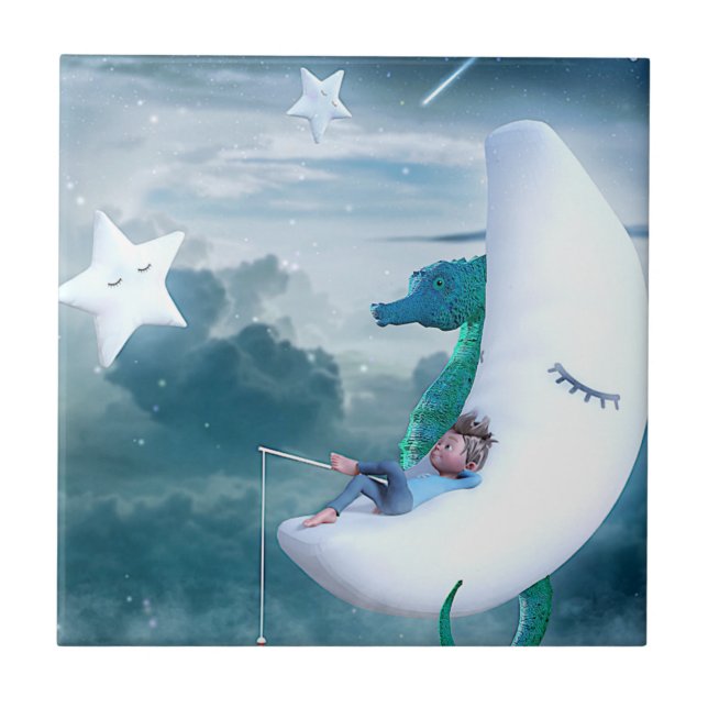 Pojkar och sjöhäsfiske i Måne Kakelplatta (Framsidan)