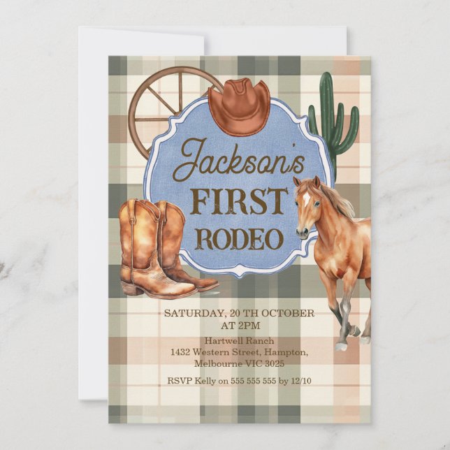 Pojkar Plaid Grön Brun Första Rodeo 1-årsdag Inbjudningar (Framsida)