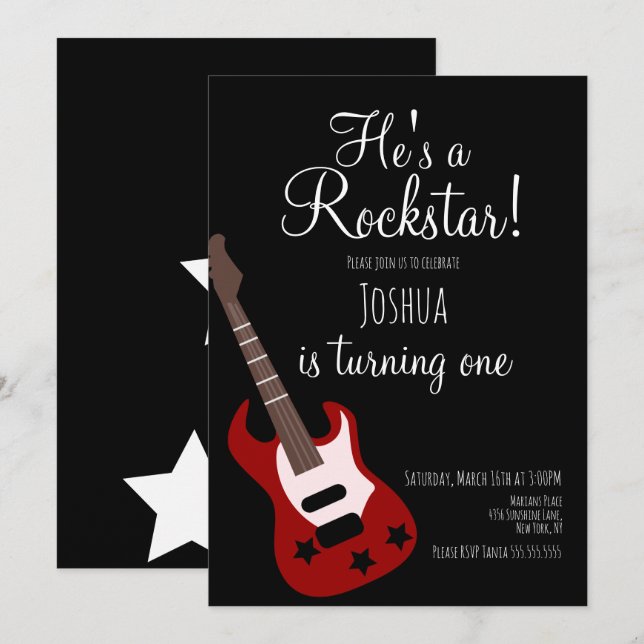 Pojkar Rockstar Gitarr Stjärna Rock Födelsedagsfes Inbjudningar (Fram/baksida)