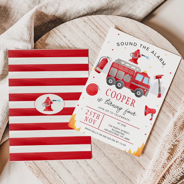 Pojkar Röda Larmar Brandbil Födelsedag Inbjudningar (Fire Truck Birthday Invitation, Fire Truck Invitation Template, Sound The Alarm Invitation, Boys)