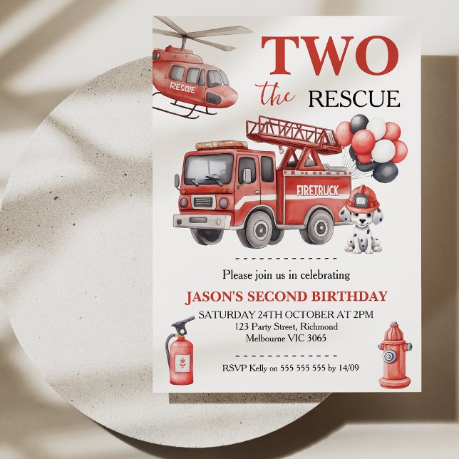 Pojkar Röda Två Räddning Brinnande Lastbil Födelse Inbjudningar (Two The Rescue Invitation, Fire Truck Birthday Invitation, Boys 2nd Birthday Invite, Dalmatian)