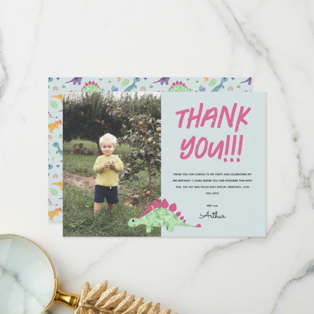 Pojkar Söt Blå Dinosaurie Jungle Barnkalas Tack Kort (Fram/Back In Situ)