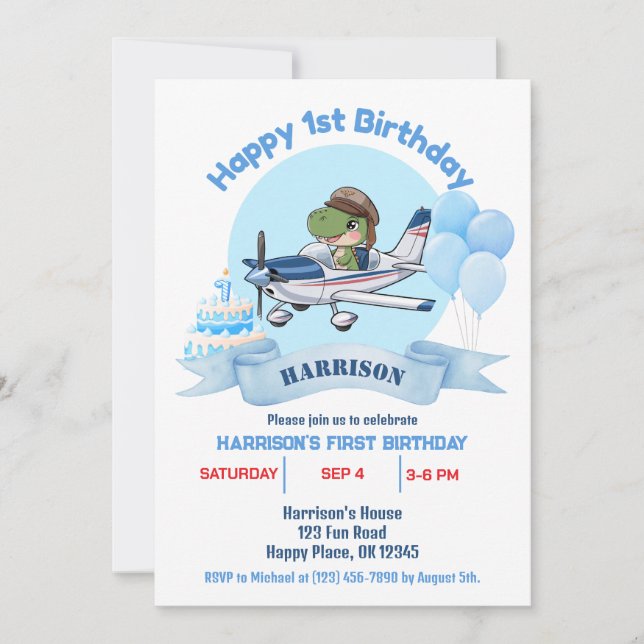 Pojkar Söt Blå Flygplan Dinosaurie Barn 1-årsdag Inbjudningar (Framsida)