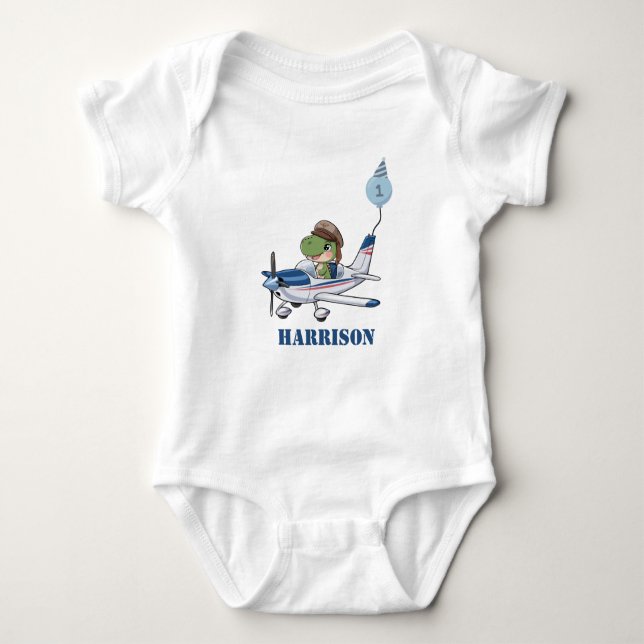 Pojkar Söt Blå Flygplan Dinosaurie Barn 1-årsdag T Shirt (Framsida)