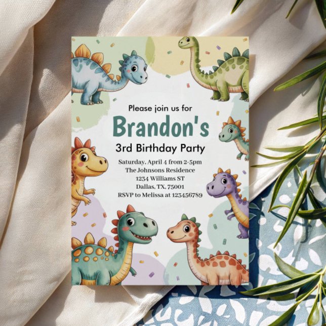 Pojkar Söt Dinosaurie 3-årsdag Inbjudningar (Skapare uppladdad)