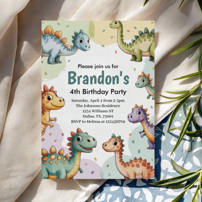 Pojkar Söt Dinosaurie 4-årsdag Inbjudningar (Skapare uppladdad)