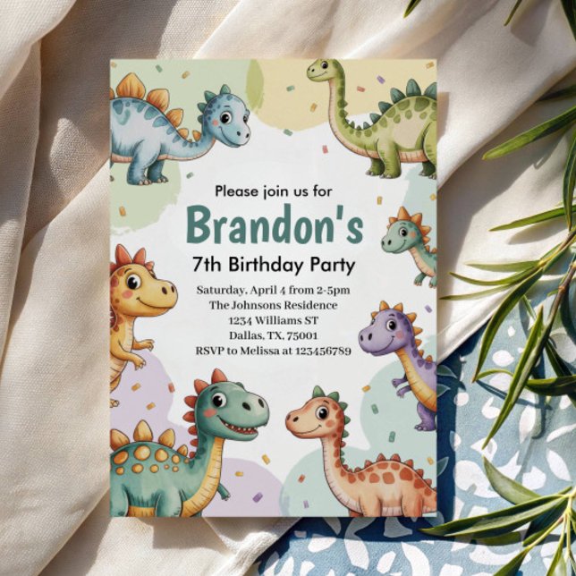 Pojkar Söt Dinosaurie 7-årsdag Inbjudningar (Skapare uppladdad)