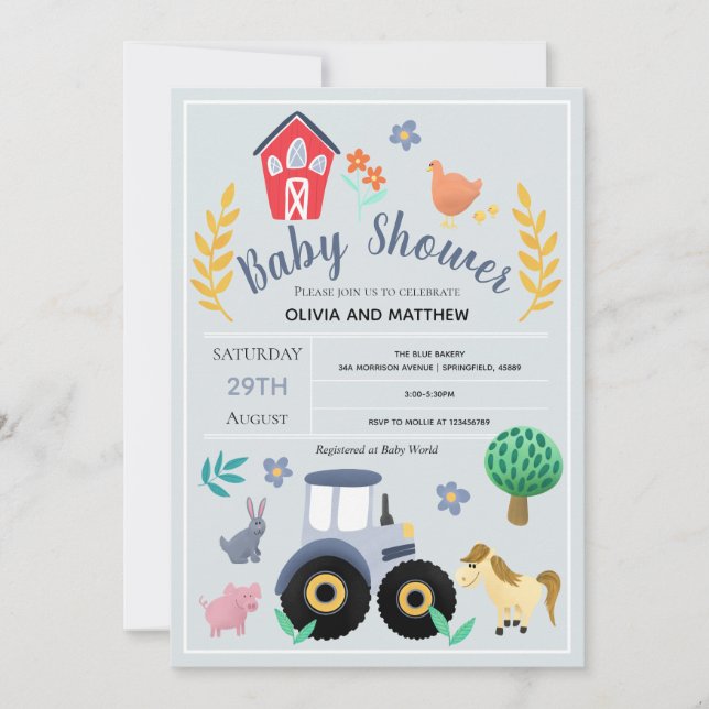 Pojkar Söt Rustik Landlig Gård Traktor Baby Shower Inbjudningar (Framsida)