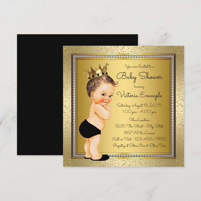 Pojkar Svart Guld Baby Shower Inbjudningar (Fram/baksida)