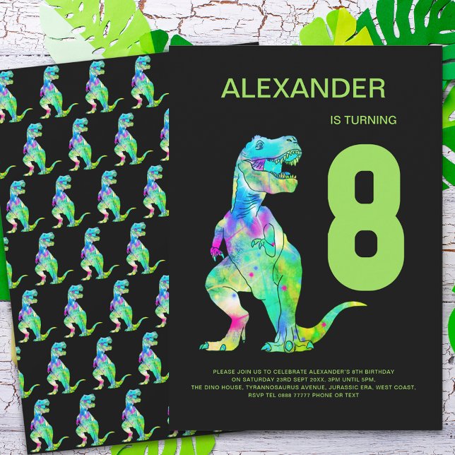 Pojkar T-Rex Dino 8-års födelsedagsfest Inbjudningar (Dinosaur T-Rex boys 8th birthday party green blue black )