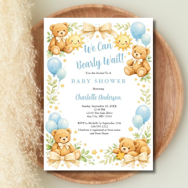 Pojkar Teddybjörn Vi kan knappt vänta Bebisbad Inbjudningar (Boys Teddy Bear We Can Bearly Wait, Blue Balloons, Coquette Bows, Baby Shower invitation. )