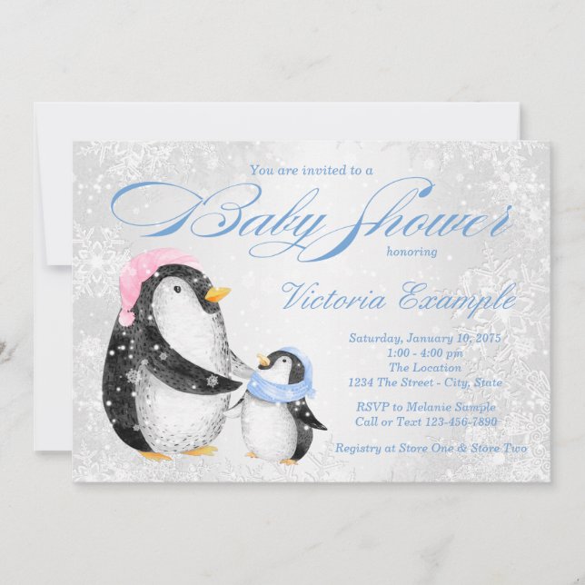 Pojkar Vinter Pengiun Baby Shower Inbjudan (Framsida)