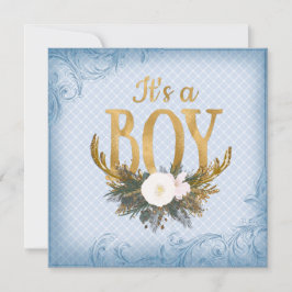 Pojkarnas hjorthorn Baby Shower Blå och Guld Inbjudningar