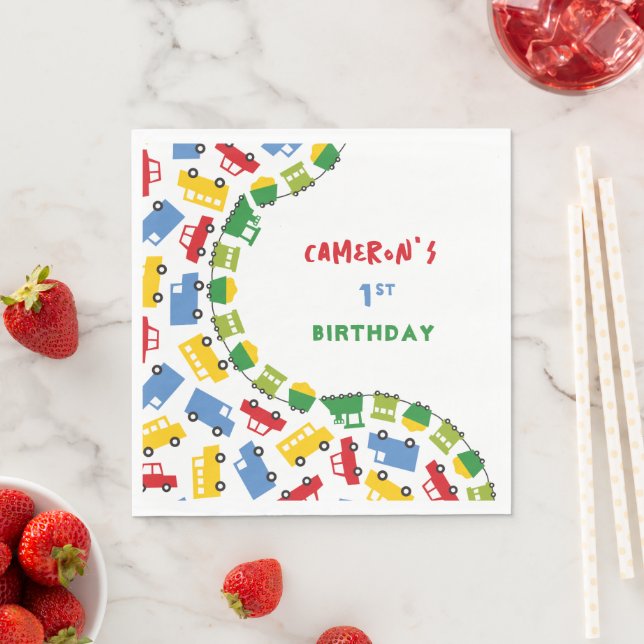Pojkarnas roliga färgglada transport födelsedagsfe pappersservett (Insitu)