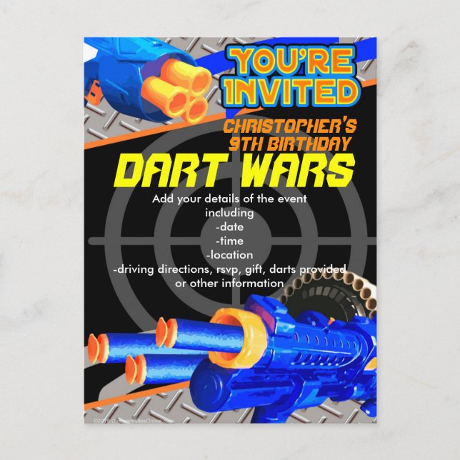 Pojkars födelsedagsfest Dart Wars Laser Tag Skum D Inbjudan Vykort (Framsida)