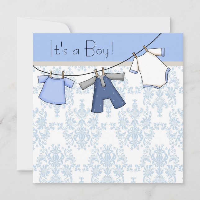 Pojkars klädstreck baby shower inbjudningar (Framsida)