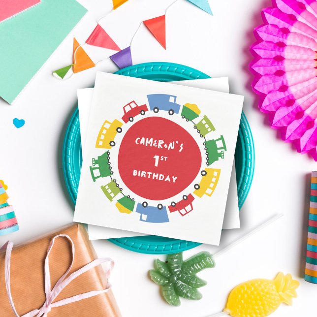 Pojkars Leksaker Färgglad Kul Transport Födelsedag Pappersservett (Boys Toys Colorful Fun Transport Kid's Birthday Party Paper Napkins @ zazzle.com/fatfatin_mini_me)