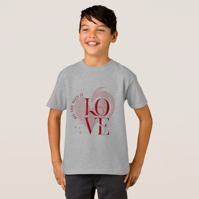 Pojkars Rosa Hjärta KÄRLEK T-Shirt - Modern Typogr (Hel framsida)