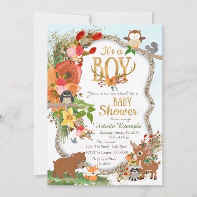 Pojkars Skogsmark Antler Baby Shower Inbjudningar (Framsida)