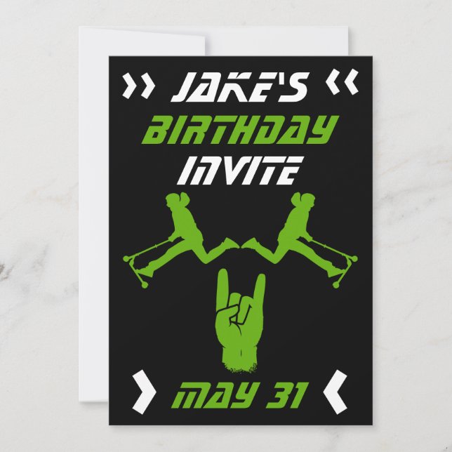 Pojkars trick-scooter-födelsedag inbjudningar (Framsida)