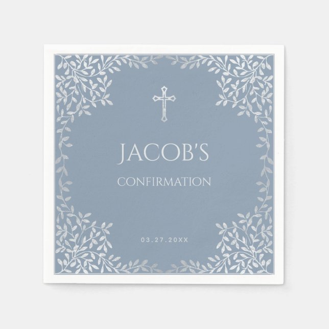 Pojkbekräftelse Dusty Blue Elegant Silver Lövs Pappersservett (Framsidan)