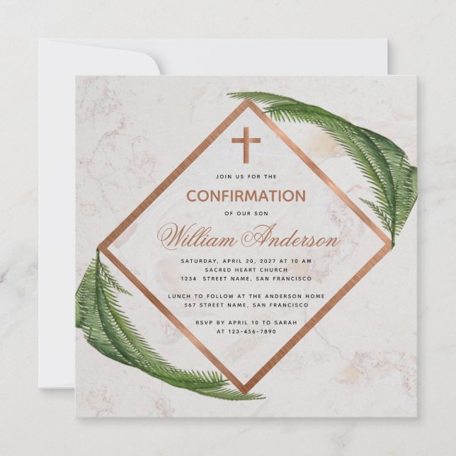 Pojkbekräftelse Grönska Kopparormbunt Kryss Marmor Inbjudningar (Framsida)
