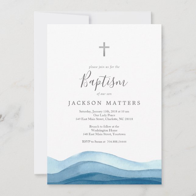 pojkblå baptism inbjudan, första kommunision inbjudningar (Framsida)