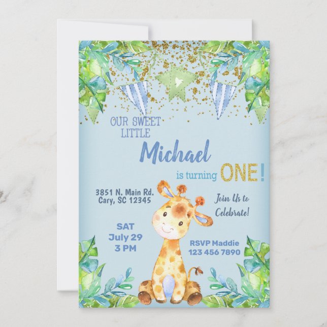 Pojkblå giraffe 1:a födelsedag inbjudan. inbjudningar (Framsida)