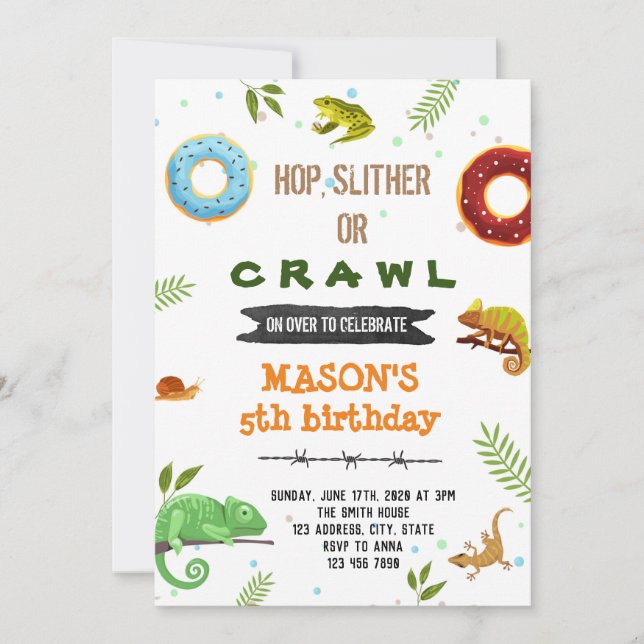 Pojkdoughnut och reptilparty inbjudningar (Framsida)