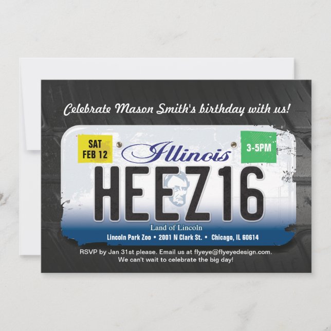 Pojke 16th inbjudan för födelsedagIllinois licens (Framsida)
